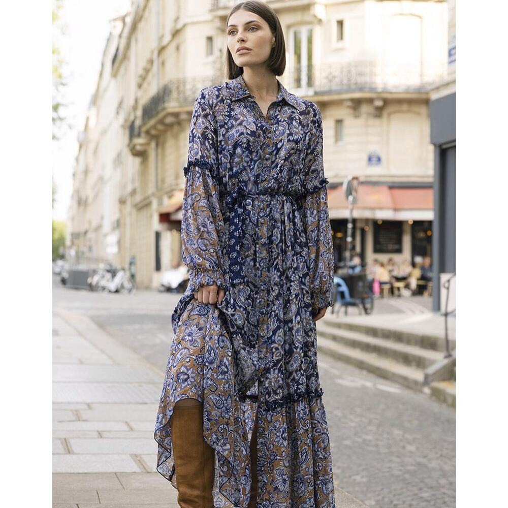 Miss June Paris Blue Paisley Floral Button Down Tie Waist Maxi Dress Tuckernuck